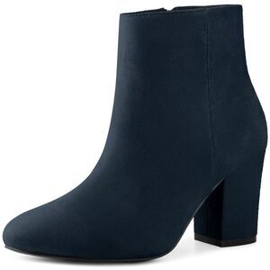 Round Toe Chunky High Heels Navy Blue Ankle Boots